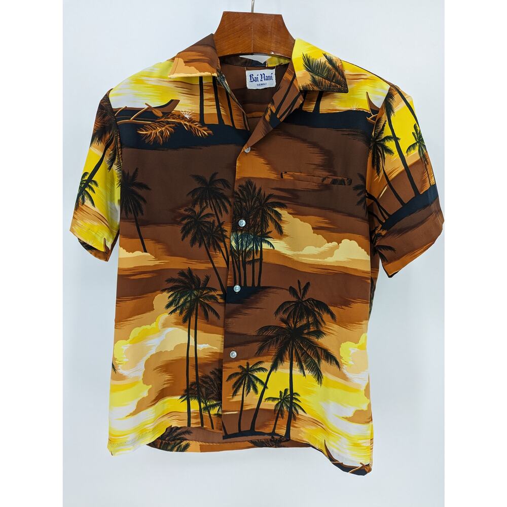 Kai Nani Hawaii Vintage Hawaiian Shirt Brown Gold Sunset Palm Trees Aloha Sz M